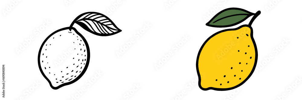 Poster simple lemon fruit icon set with color and black and white line art versions for coloring pages or g