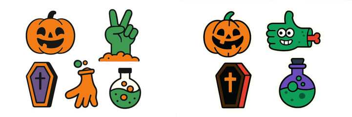 Halloween sticker set with jack-o'-lantern pumpkin, zombie hand, coffin, and magic potion isolated on a white background
