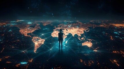 Silhouette of a Person Overlooking a Glowing World Map at Night