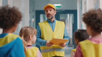 Teacher engaging young students in a school corridor educational setting informative interaction bright environment close-up view