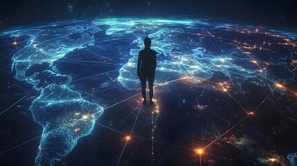 Human Silhouette Overlooking Digital World Map with Connections