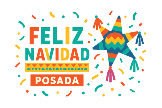 Colorful Feliz Navidad Posada greeting card design with a traditional Mexican star pinata and festive confetti for the Christmas holiday season