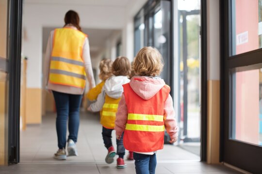 Children in safety vests walking with adult supervisor school hallway classroom activity indoor back view child safety awareness