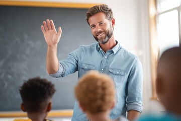Engaging classroom interaction school setting educational content bright environment teacher viewpoint inspiring learning atmosphere