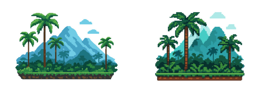 Pixel art tropical island landscape with palm trees and mountains for a retro video game scene isolated on a white background