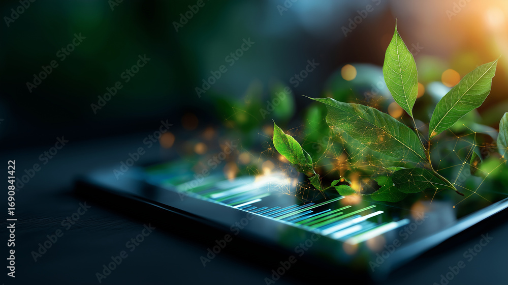 Poster a glowing digital platform integrating esg principles green leaves and sustainable symbols floating 