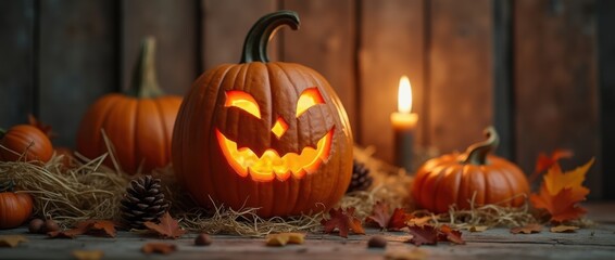 Fototapeta premium A smiling jack-o'-lantern sits on a rustic hay bed, surrounded by autumn leaves and pinecones