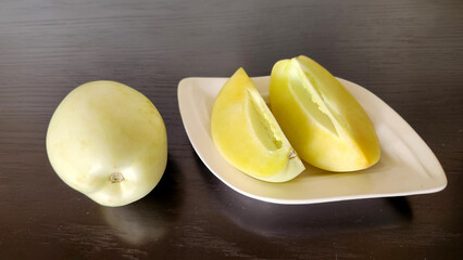 Pepino (Solanum muricatum) is a fruit native to the Andes region of South America, known for its flavor resembling melon and cucumber, and also called 