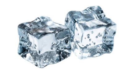 Two melting ice cubes with trapped air bubbles on a white background, cut out transparent