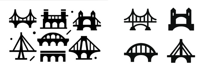 Collection of black bridge icons in various architectural styles including suspension, arch, and beam bridges isolated on a white background