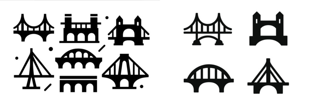 Collection of black bridge icons in various architectural styles including suspension, arch, and beam bridges isolated on a white background