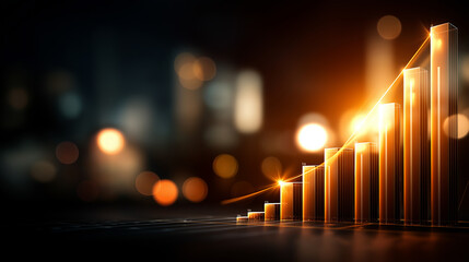 A radiant digital screen displaying bars and percentile circles rising with economic growth glowing graphs moving upward dynamically background shimmering with soft futuristic
