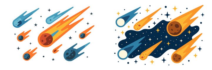 Collection of stylized comets, meteors, and asteroids flying through the cosmos with stars in a flat graphic style © Alan
