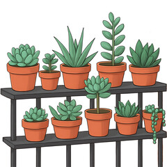 Obraz premium A charming illustrated collection of various succulent plants in terracotta pots, neatly arranged on a two-tiered shelf for home decor and indoor gardening