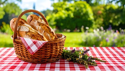 Basket of bread on picnic blanket (2)