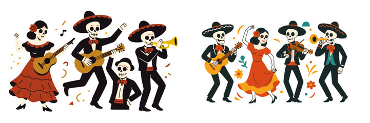 Set of dancing and music playing skeletons for Dia de los Muertos celebration with mariachi characters in sombreros and traditional Mexican costumes
