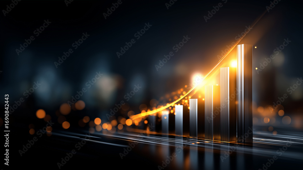 Poster a radiant digital screen displaying bars and percentile circles rising with economic growth glowing 