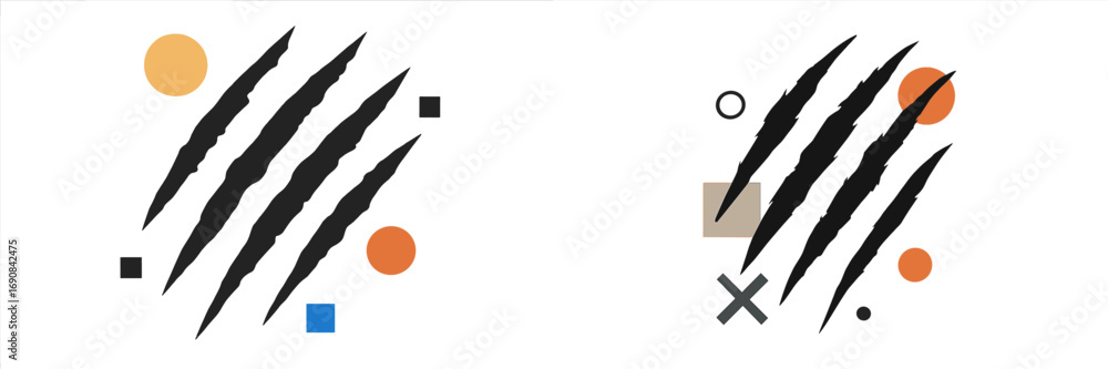 Poster set of abstract graphic compositions featuring black monster claw marks and minimalist geometric sha