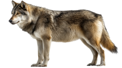 Majestic gray wolf stands alert on a snow-covered ground with a white background, cut out transparent