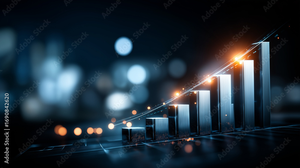 Aufkleber a radiant digital screen displaying bars and percentile circles rising with economic growth glowing 