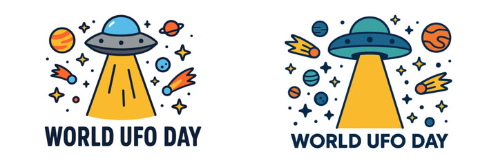 World UFO Day celebration concept with a cartoon flying saucer in space surrounded by planets and stars, two color variations