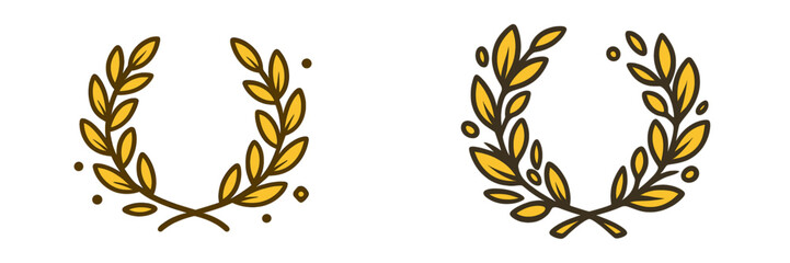 Golden laurel wreath symbols for victory, honor, and achievement awards isolated on a white background