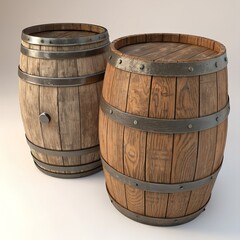 Fototapeta premium Two wooden barrels with metal bands. One barrel is weathered and gray, while the other is new and brown. They are placed on a neutral background.