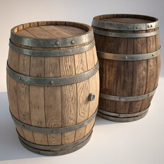 Obraz premium Two wooden barrels with metal bands. One barrel is light-colored, while the other is dark. They are placed on a neutral background.
