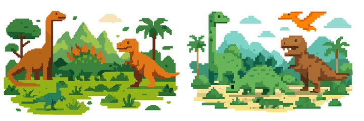 Pixel art dinosaurs in a prehistoric landscape with mountains and trees, including T-Rex, Brachiosaurus, and Stegosaurus
