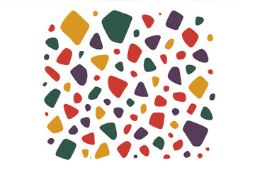 Colorful abstract pattern with scattered organic pebble shapes, a modern minimalist background design with red, yellow, green, and purple elements