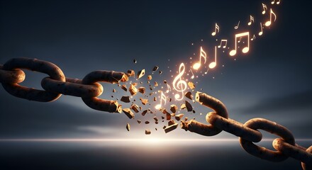 Rusty chain breaking apart releasing bright musical notes into the sky