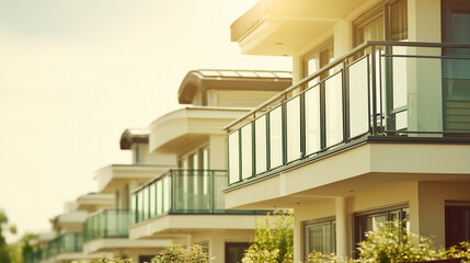 Fototapeta premium A modern housing complex with clean architectural lines, illuminated by soft daylight.