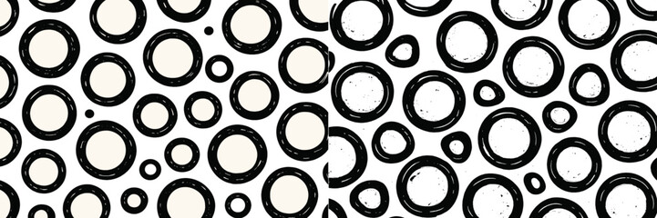 Seamless pattern with hand-drawn black grunge circles on a white background, abstract monochrome geometric texture for modern design
