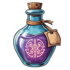 A magical fantasy potion in a blue glass bottle with a glowing purple liquid and a cork stopper.