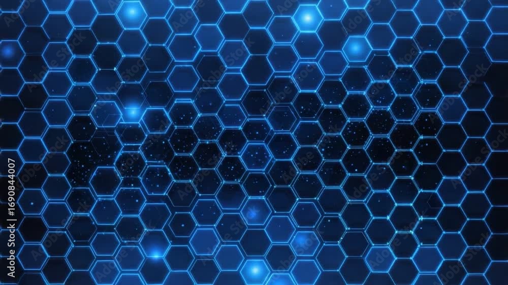 Poster a high-tech abstract background featuring a pattern of glowing blue hexagons
