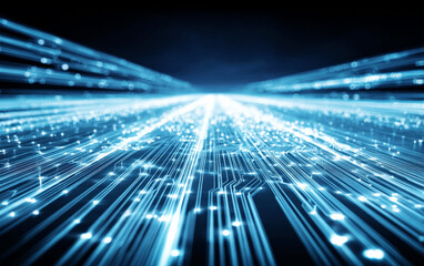 Futuristic digital circuit board with glowing light trails