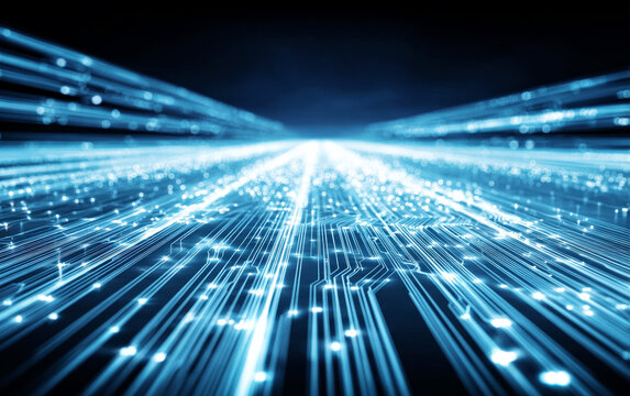 Futuristic digital circuit board with glowing light trails