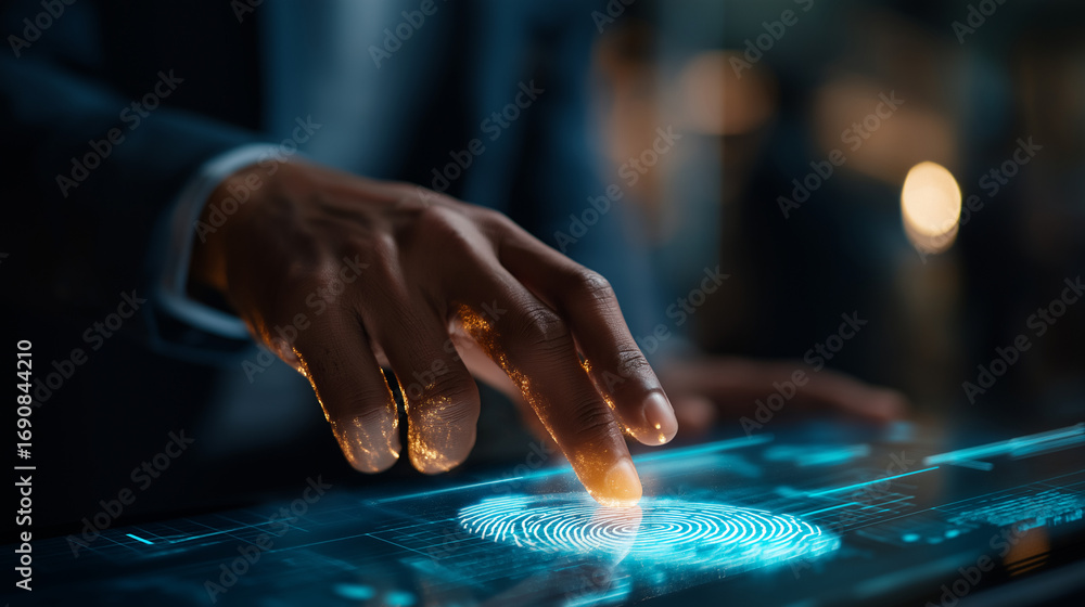 Poster a glowing biometric interface projected on a large screen digital fingerprints iris scans and identi