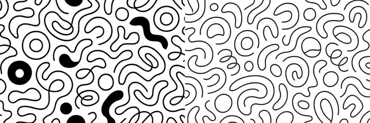 Abstract black and white seamless pattern with hand drawn organic shapes, chaotic lines, and modern minimalist doodle elements
