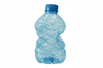 Crushed blue plastic bottle against transparent backdrop, highlighting plastic waste challenges and recycling sustainability efforts