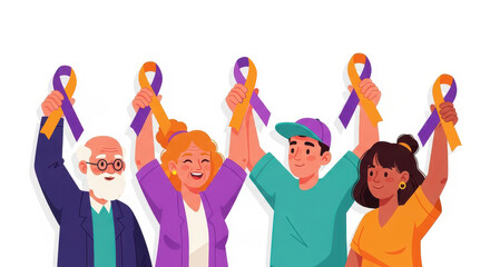 Obraz premium diverse group of people raising purple and orange awareness ribbons. celebrating unity and support for psoriasis awareness month. healthcare, community support, charity event, poster.