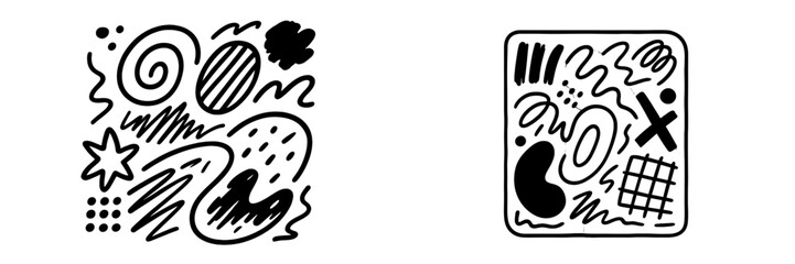 Set of two abstract compositions with hand drawn doodle shapes and textures, including spirals, scribbles, stars, and geometric patterns in a minimalist black and white style