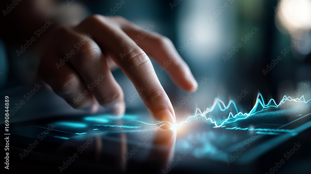 Poster a glowing touchscreen where a hand interacts with predictive graphs market curves illuminating in bl