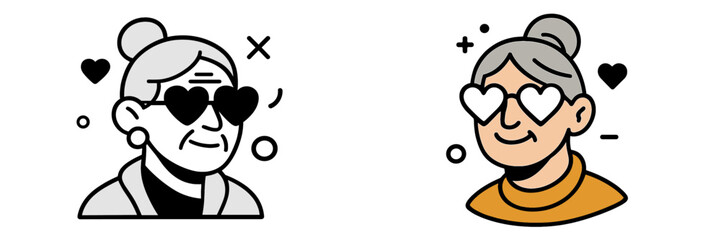 Happy elderly woman with gray hair and heart shaped sunglasses showing love and affection, character icon set in color and monochrome