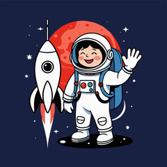 An adorable scene featuring a cheerful astronaut wearing oversized headphones, floating in a cozy rocket filled with snacks and toys, eagerly listening to music while looking out at the stars.
