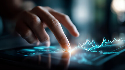 A glowing touchscreen where a hand interacts with predictive graphs market curves illuminating in blue light atmosphere of innovation foresight and technological advancement
