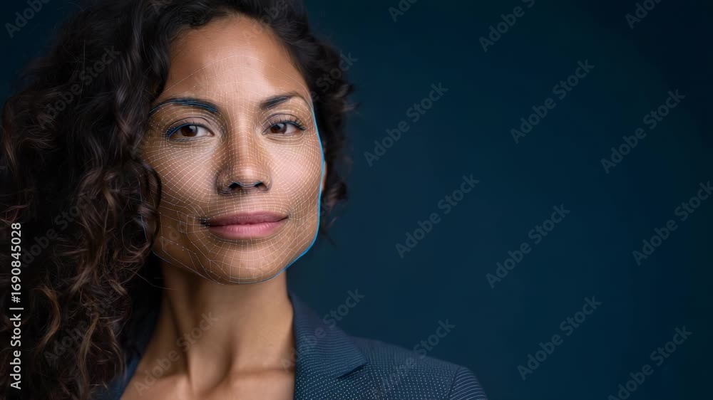 Poster artificial intelligence software analyzes the face of a businesswoman, creating a digital mesh to ma