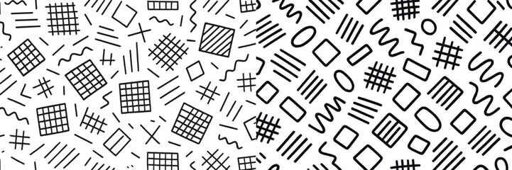 Abstract seamless pattern with hand-drawn geometric shapes in black and white, retro Memphis style background design
