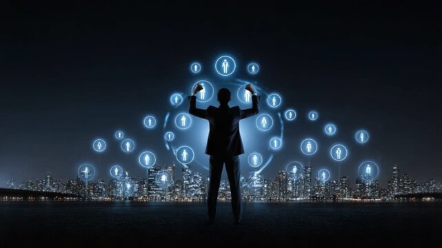 A silhouetted business figure orchestrates digital connections in a modern cityscape. The image showcases the synergy between technology and networking in the corporate world.