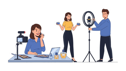 Young woman applying makeup while recording a beauty tutorial video with a ring light and camera setup for online streaming and content creation
